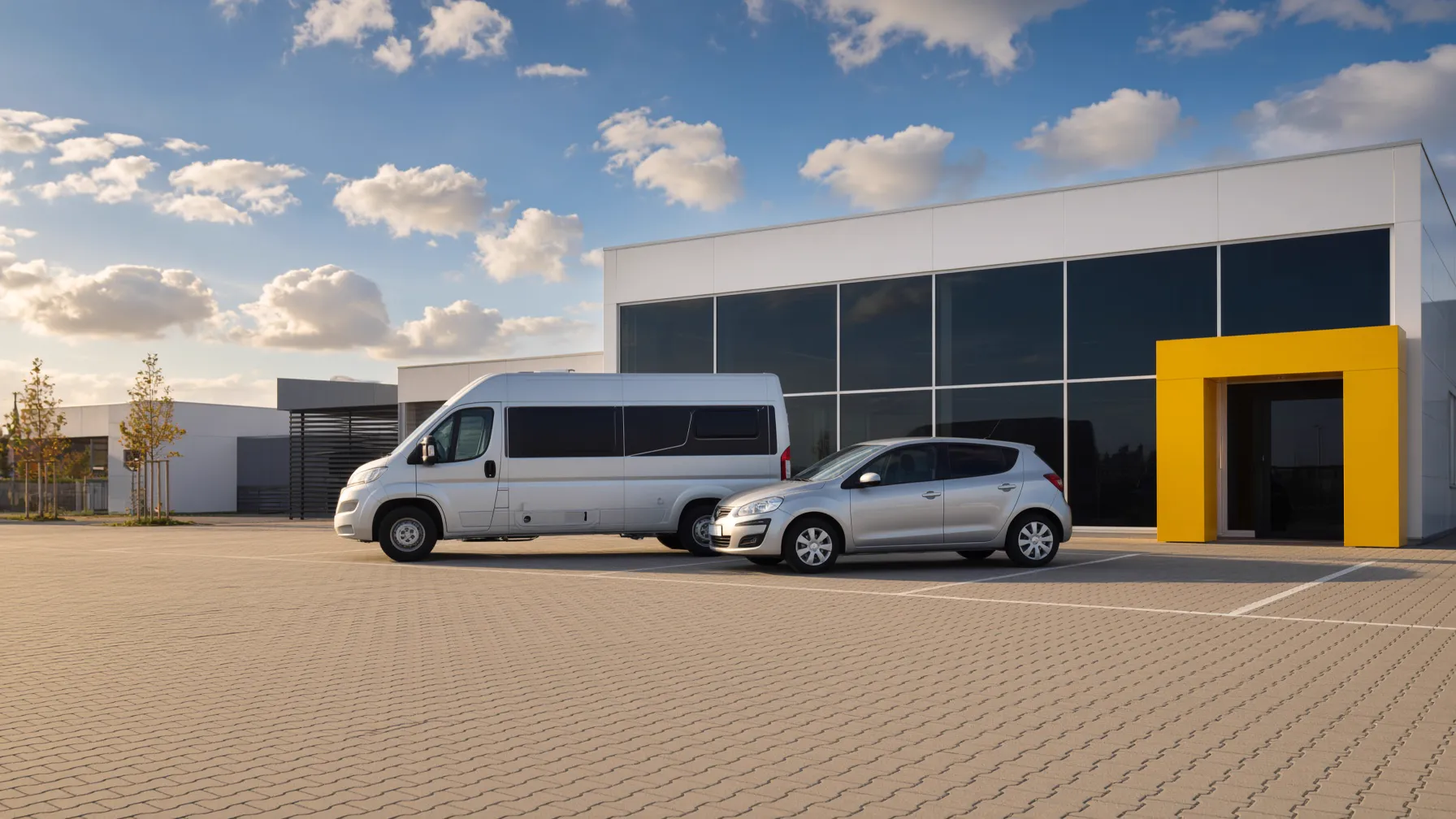 Mietwagen und Wohnmobile der Mosig-Gruppe auf dem Hof.