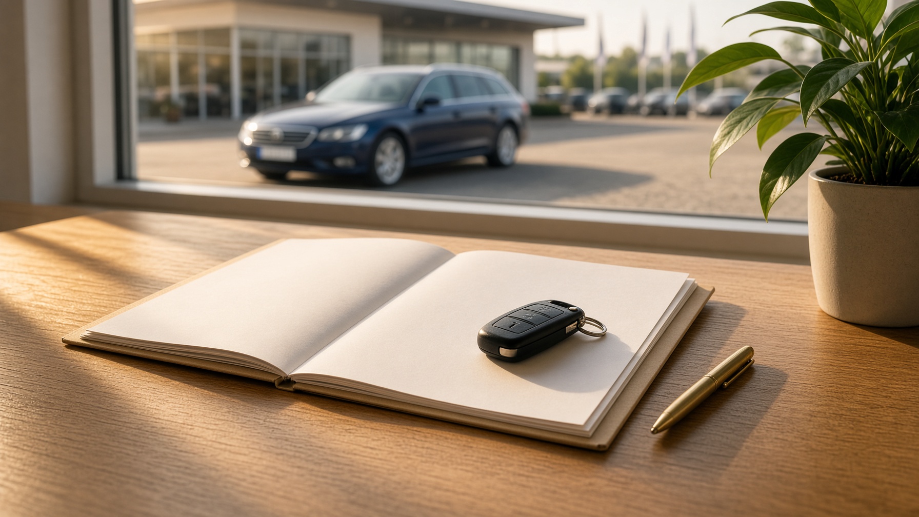 Schreibtisch im Autohaus Mosig mit Vertrag und Autoschlüssel, die Kamera fährt über den Tisch.