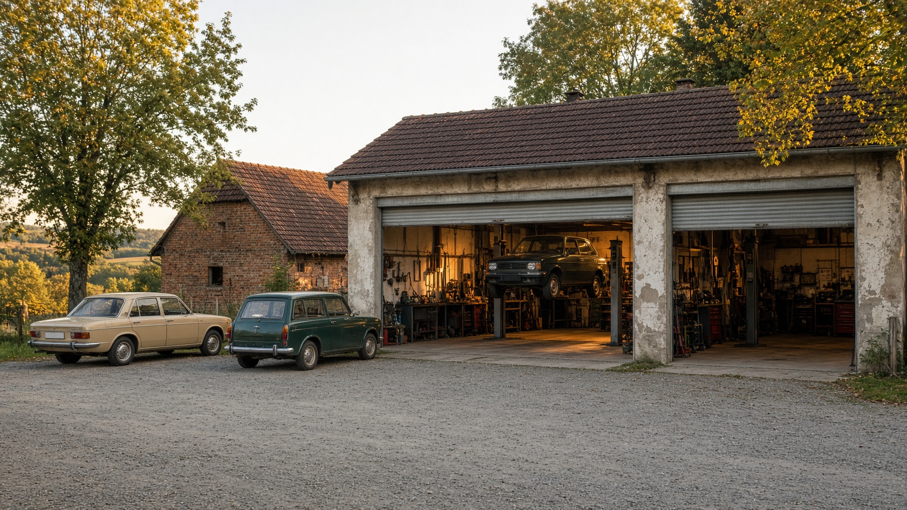 Die Autowerkstatt Bluno an der Dorfaue: rustikale Werkstatthalle mit offenen Toren, ältere Fahrzeuge auf dem Hof im Abendlicht.