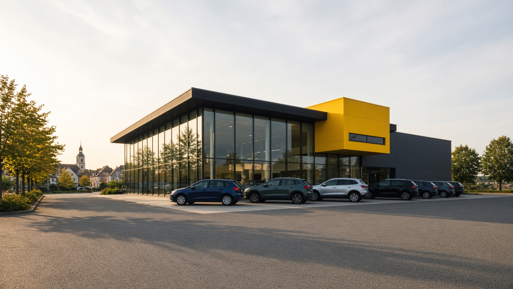 Der Hauptstandort von Autohaus Mosig in Hoyerswerda: Glasfront, gelber Kubus und Fahrzeuge auf dem Autopark im Spätnachmittagslicht.