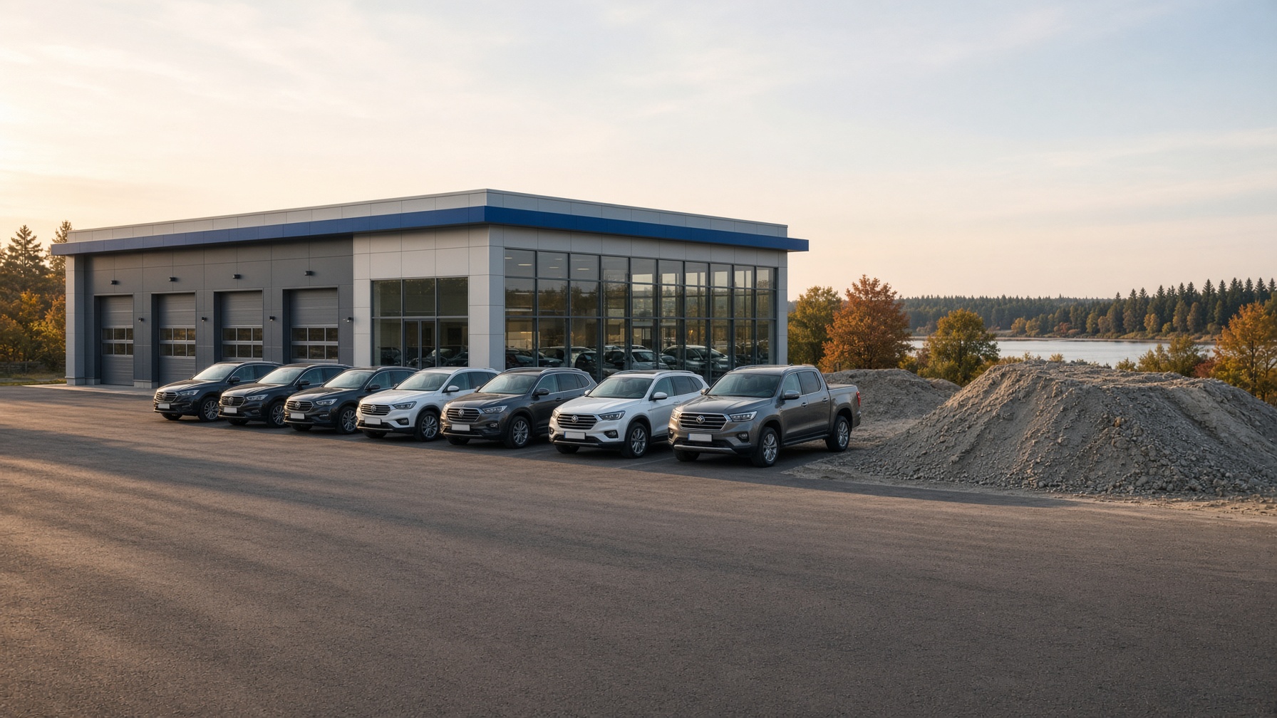 Das Autocenter Mosig in Senftenberg: großer Verkaufs- und Werkstattbau mit Fahrzeugreihe auf dem Hof, im Hintergrund der Senftenberger See.