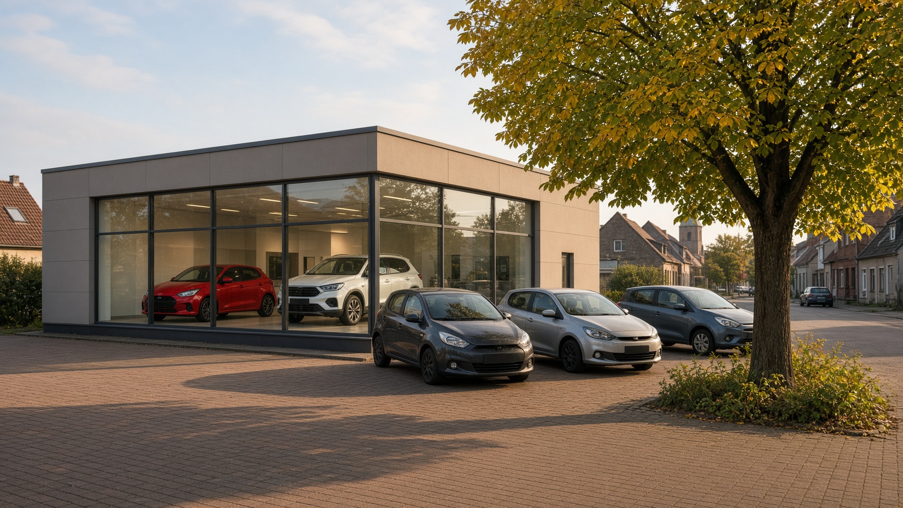 Der Renault-Betrieb von Autohaus Mosig an der Muskauer Straße in Spremberg: kompaktes Stadt-Autohaus mit Schaufenster-Ausstellung am Abend.