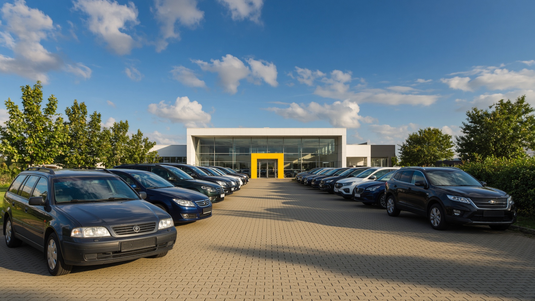 Schwenk über den Hof des Autoparks Hoyerswerda am Morgen.